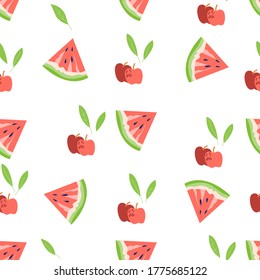 Summer seamless fruit pattern design with watermelon and apples. Repeatable background or endless texture with watermelon for summer  items, flat vector illustration on white background.