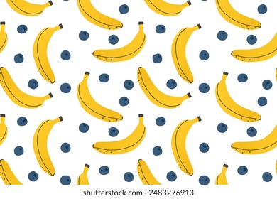summer seamless fruits pattern with banana and blueberry, perfect for summer-themed apparel, home decor, packaging, stationery items and and greeting cards- vector illustration
