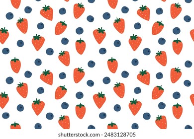summer seamless fruits pattern with strawberries and blueberries, perfect for summer-themed apparel, home decor, packaging, stationery items and and greeting cards- vector illustration