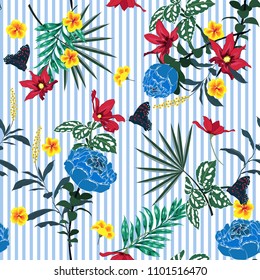 Verano Flores de jardín sin focos en rayas azules blancas. Deja la ilustración. Gráficos modernos. florido floreciente, para tela de moda y todas las impresiones estilo dibujo a mano