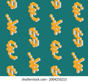 Summer seamless geometric pattern with the image of money, banknotes, currencies. Euro, dollar, yen, ruble, bitcoin. Vector design for web banner, business presentation.