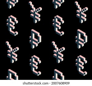 Summer seamless geometric pattern with the image of money, banknotes, currencies. Euro, dollar, yen, ruble, bitcoin. Vector design for web banner, business presentation.