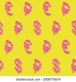 Summer seamless geometric pattern with the image of money, banknotes, currencies. Euro, dollar, yen, ruble, bitcoin. Vector design for web banner, business presentation.