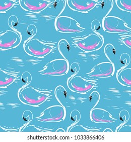 Summer Seamless hand drawing swans pattern on lake . trandy sky blue background with dry brush birds can be used for wallpaper, pattern fills, web page, fabric print, postcards.