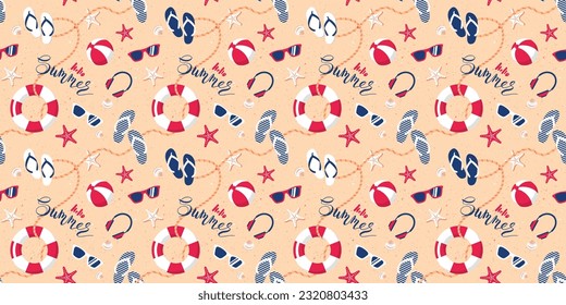 Summer seamless horizontal pattern. Cute summer beach background.  Vector illustration