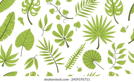 Summer Seamless Horizontal pattern with Tropical green Leaves. Jungle Plants repeat floral pattern for textile print. Vector illustration isolated on white background