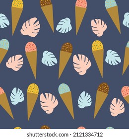 Summer seamless ice cream pattern with tropical leaves on dark blue background. Vector illustration. 