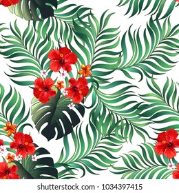 Summer seamless jungle pattern. Tropical illustration with palm leaves and exotic flowers.