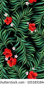 	
Summer seamless jungle pattern. Tropical illustration with palm leaves and exotic flowers.
