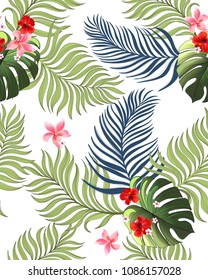 	
Summer seamless jungle pattern. Tropical illustration with palm leaves and exotic flowers.