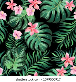 Summer seamless jungle pattern. Tropical illustration with palm leaves and exotic flowers.