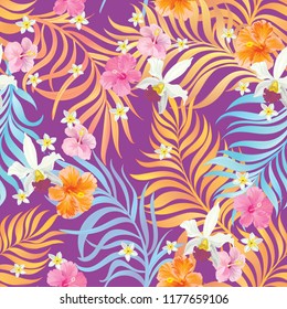 	
Summer seamless jungle pattern. Tropical illustration with palm leaves and exotic flowers.