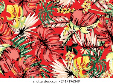 Sommernahtloses Dschungelmuster. Tropische Illustration mit Palmenblättern und exotischen Blumen.