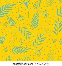 Summer seamless leaves pattern with leaves on a yellow background. Vector design. Floral background. Summer colorful textile design.