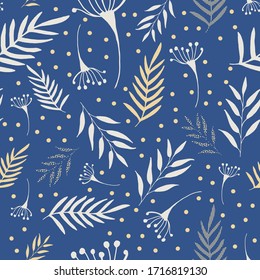 Summer seamless leaves pattern with leaves on a blue background. Vector design. Floral background. Summer colorful textile design.