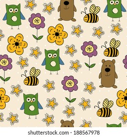 Summer seamless light background with owl, bear, bees, flowers and stars
