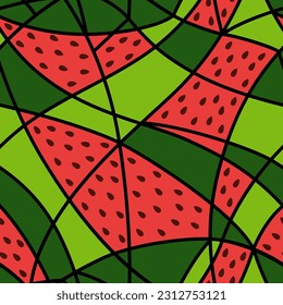 Summer seamless mosaic pattern in pop art style. Modern trendy bright stained glass pattern based on watermelon and intersecting lines. For fabric, packaging and other design. Vector illustration.