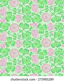Summer seamless natural pattern with flowers and leaves. Background with pink clover
