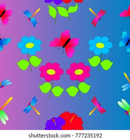 Summer seamless nature texture consisting of flowers, dragonflies and butterflies.