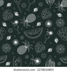 Sommernahtlose gedeckte Muster mit Früchten, tropischen Blättern und Blumen für Druck, Textilien, Stoffe, Banner-Poster und Hintergründe