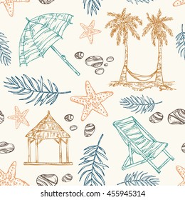 Summer seamless with palm, starfish . hand drawn