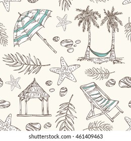 Summer seamless with palm, starfish . hand drawn