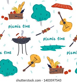 Summer seamless pattern about outdoor recreation. Flat vector design elements. Hand drawn barbecue, food basket, trees, guitar, skewers. Doodle style.