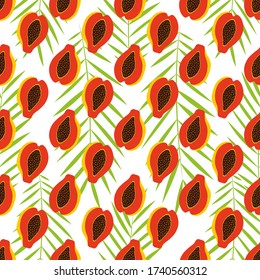 Patrón veraniego sin fisuras con papaya abstracta, plantas tropicales y ramas de palmeras sobre fondo oscuro. Ornamento para textiles y envoltura. Ilustración vectorial en estilo plano.