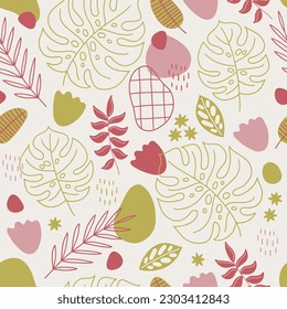 Summer seamless pattern with abstract shapes, dots, monstera and palm leaves on white background. Perfect for wallpaper, gift paper, seasonal greeting cards. Vector illustration