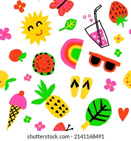 Summer seamless pattern. Abstract simple elements: flowers, rainbow, strawberry, sun, sunglasses, beach.
Colorful fashion illustration. Vector print.