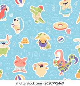 Patrón sin costuras de verano. Adorables animales relajándose en la playa. Linda ilustración dibujada a mano. Oso, flamenco, conejo, loro, foca, oveja, cerdo, croco, vaca personajes divertidos del Vector.