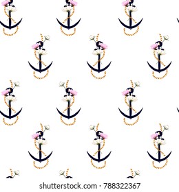 Summer seamless pattern anchor marine rope mixed with flowers. Nautical seamless pattern on white background