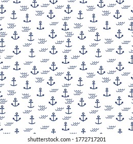 Summer seamless pattern with anchors. Cute ocean background. Perfect for wrapping paper, textile and web design. Vector illustration