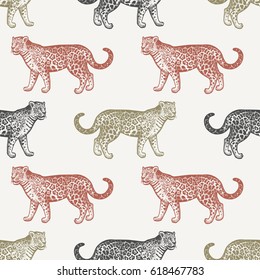 Summer seamless pattern with animals South America. Jaguar. Red, black, green animals on pastel background. Hand drawing of wildlife. Vector illustration art.  Vintage. Design for fabrics, paper