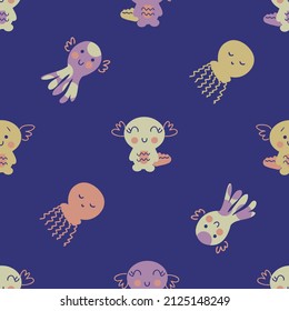 Summer seamless pattern with axolotls, octopus and jellyfish. Perfect for T-shirt, textile and print. Hand drawn vector illustration for decor and design.



