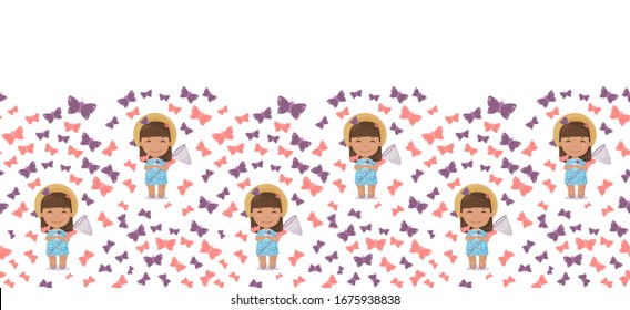 Summer seamless pattern: babygirl in hat with butterfly net surrounded by butterflies. 