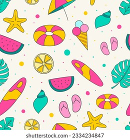 Summer seamless pattern background with colorful hand drawn summer elements