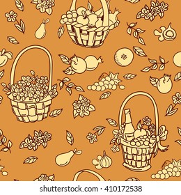 Summer seamless pattern background. Colorful baskets with fruit, flowers and gifts. Harvest seamless pattern. Vector illustration.