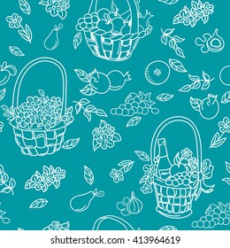 Summer seamless pattern background. Colorful baskets with fruit, flowers and gifts. Harvest seamless pattern. Vector illustration.
