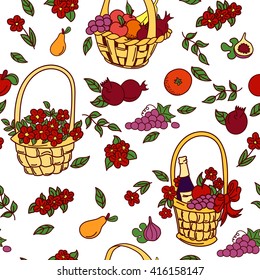 Summer seamless pattern background. Colorful baskets with fruit, flowers and gifts. Vector illustration.