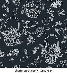 Summer seamless pattern background. Colorful baskets with fruit, flowers and gifts. Harvest seamless pattern. Vector illustration.