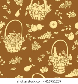 Summer seamless pattern background. Colorful baskets with fruit, flowers and gifts. Harvest seamless pattern. Vector illustration.