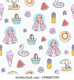 Summer seamless pattern background with girl and pineapple vector