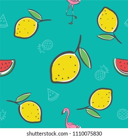 Summer seamless pattern background with lemon, watermelon and flamingo elements vector format