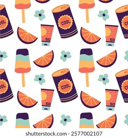 Summer seamless pattern background for packaging and decoration with soda can, ice cream, sunscreen, camomile, orange