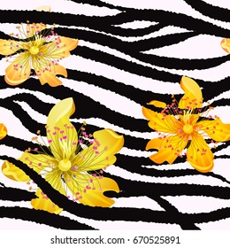 Summer seamless pattern / background, tropical yellow flowers and zebra black and white lines. Bright yellow and orange color