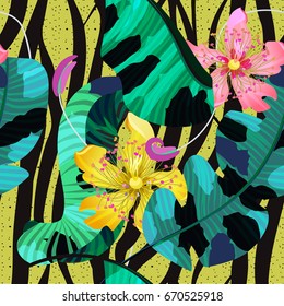 Summer seamless pattern / background, tropical flowers, banana leaves and zebra lines. Bright pink, yellow and green colors