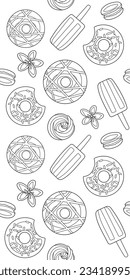 Summer Seamless Pattern. Summer Background. Seamless Pattern Background. Summer Wallpaper. Summer. Snacks Seamless Pattern. Snacks Background. Coloring Pages. Black And White Background