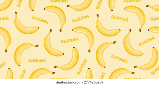 Summer seamless pattern with bananas on yellow background. Vector illustration