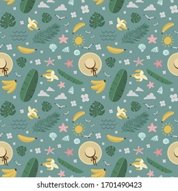 patrón ininterrumpido de verano, plátanos y palmeras, sombreros y moluscos, ilustración vectorial